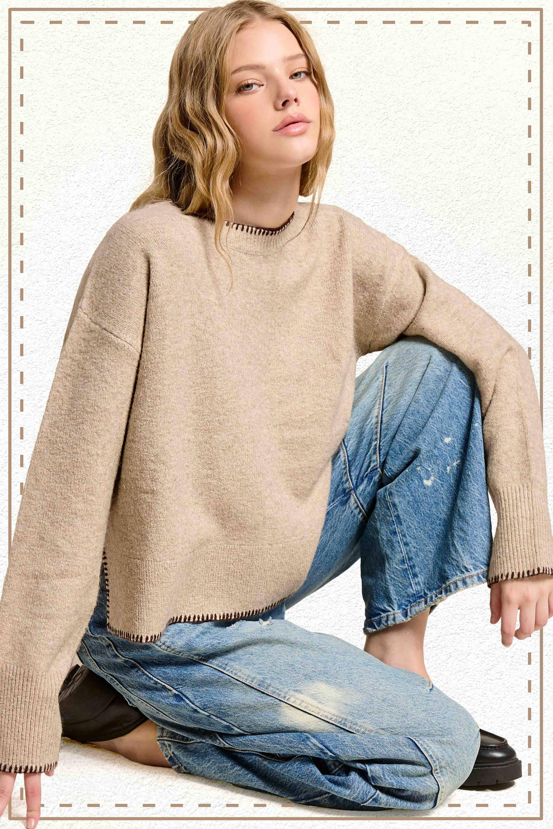 Hi-Low Crew Neck Sweater W/ Contrast Blanket Stitch