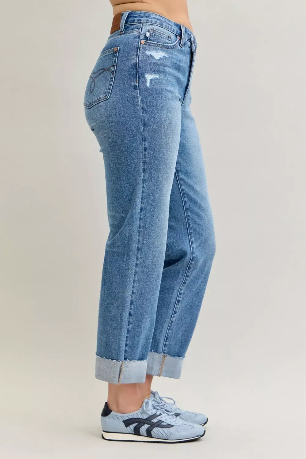 Denim - Judy Blue High Waist Bf Criss-cross Mild Destroy Jeans with Single Cuff - - Cultured Cloths Apparel
