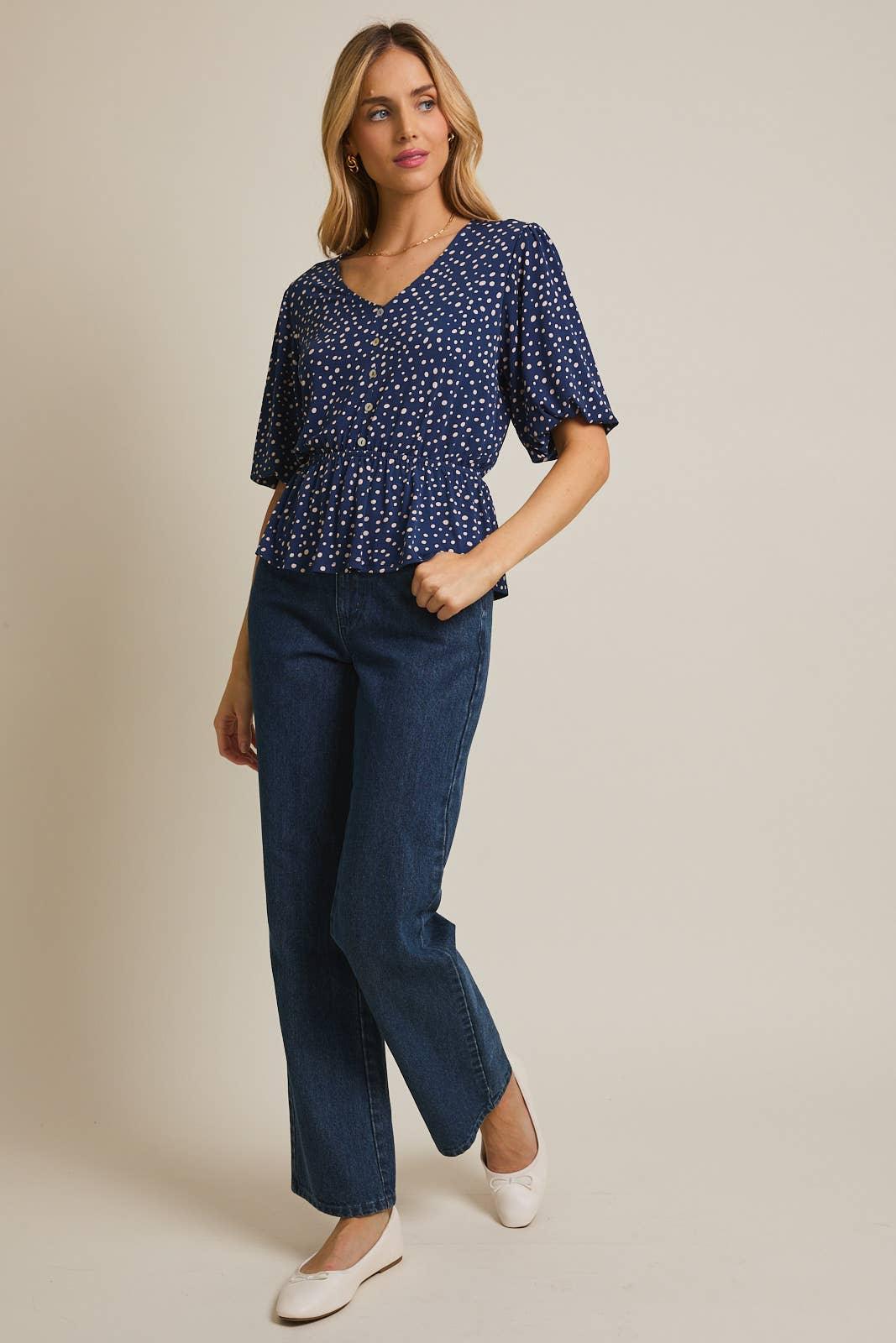 Women's Short Sleeve - V-NECK PUFF HALF SLEEVE FLARE HEM BUTTON UP DOT TOP - - Cultured Cloths Apparel