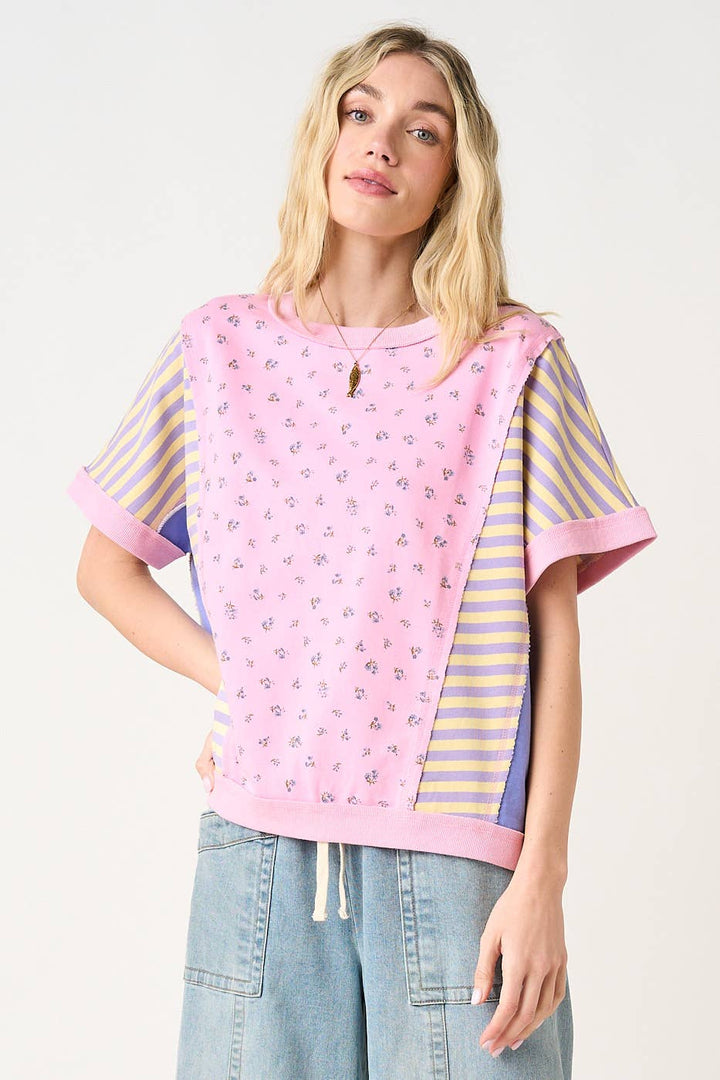 Women's Short Sleeve - PATCHWORK COLOR BLOCK SHORT SLEEVE TOP - - Cultured Cloths Apparel