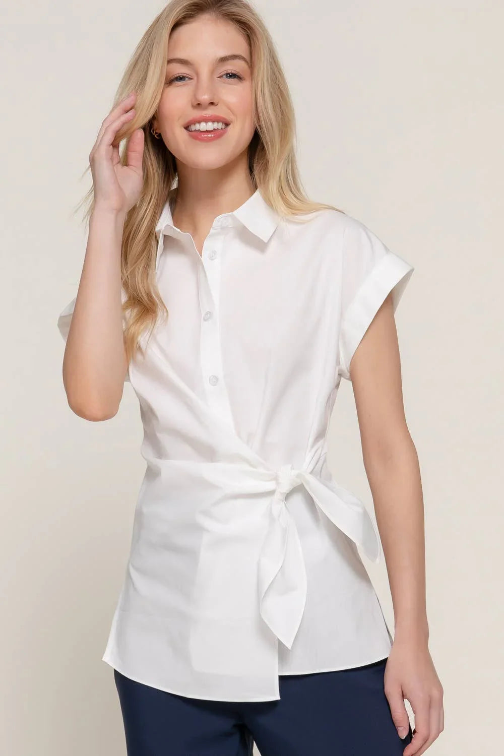 Women's Short Sleeve - Short Dolman Sleeve Button Down Side Knot Poplin Shirt - - Cultured Cloths Apparel