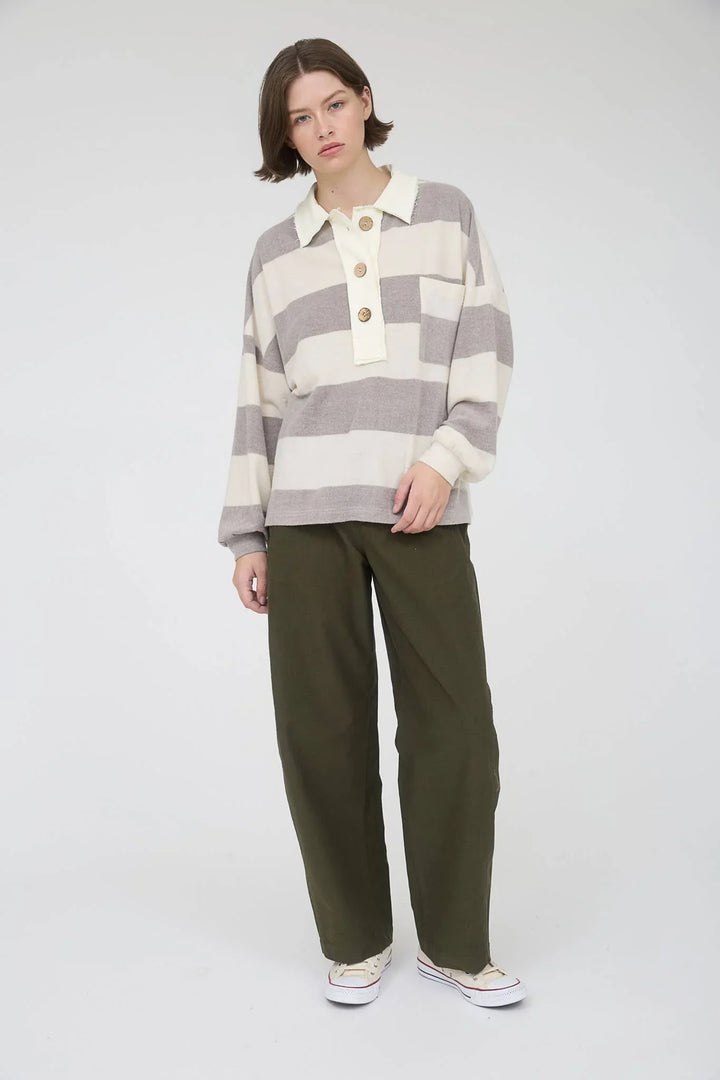 Women's Long Sleeve - WASHED STRIPE CONTRAST COLLAR LONG SLEEVE KNIT TOP - - Cultured Cloths Apparel