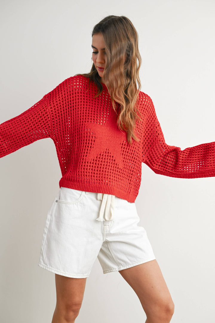 Women's Sweaters - Star Crew Neck Crochet Sweater - - Cultured Cloths Apparel