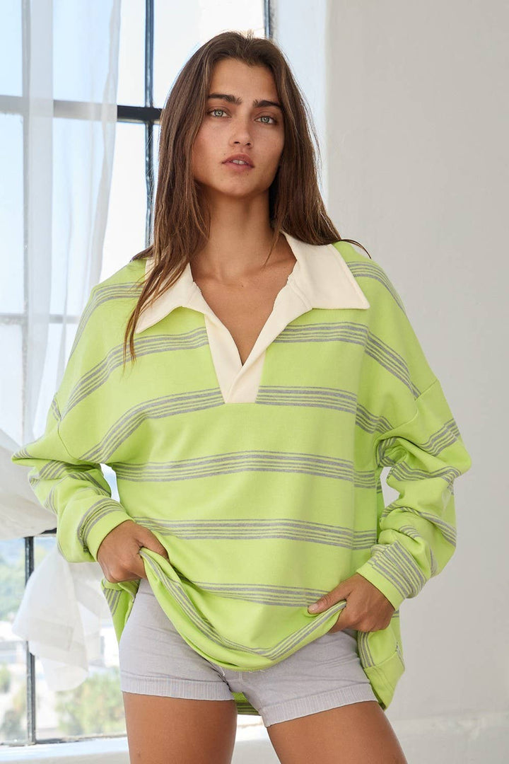 IT2417 Contrast Collared Neck Striped Polo Tunic Top