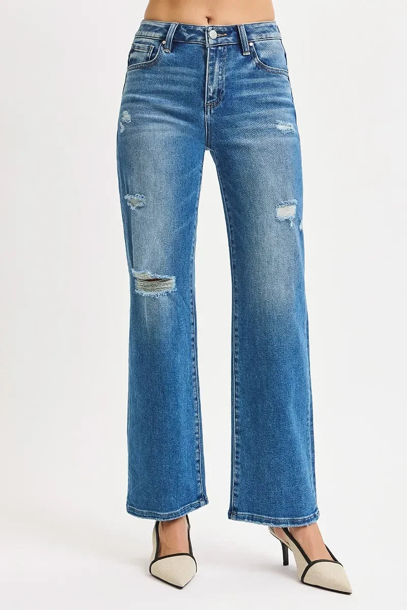 Denim - RISEN Full Size High Rise Ankle Straight Front Body Distressed Jeans Plus Size - - Cultured Cloths Apparel
