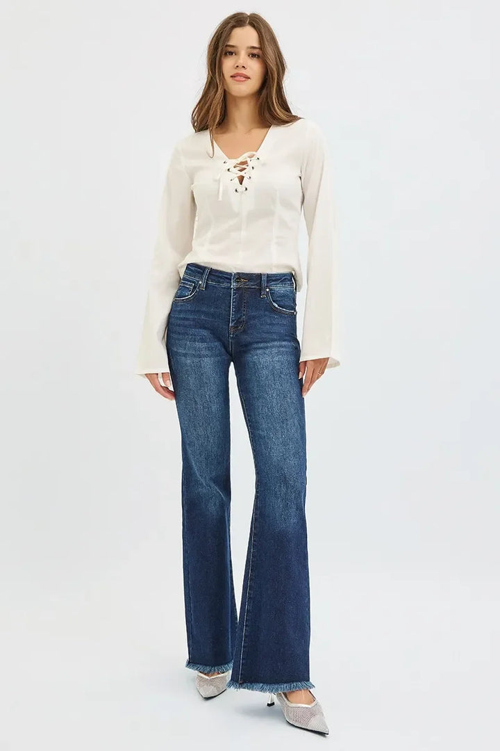 Denim - RISEN Full Size Tummy Control Mid Rise Flare Jeans Plus Size - - Cultured Cloths Apparel