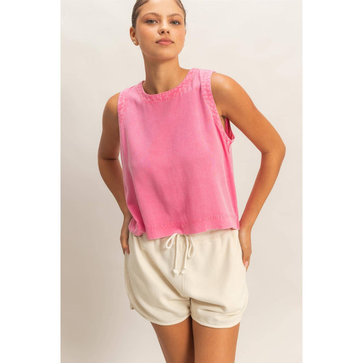 Women's Sleeveless - Pink Mineral Wash Button Back Sleeveless Top - - Cultured Cloths Apparel