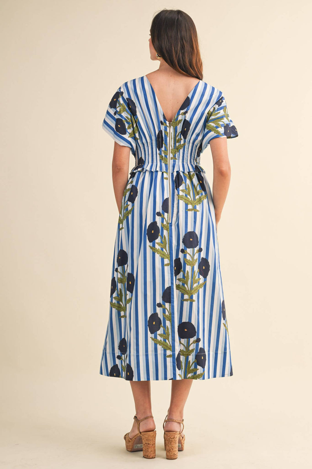 Dresses - STRIPED FLORAL PIN TUCK WAIST MIDI DRESS - - Cultured Cloths Apparel