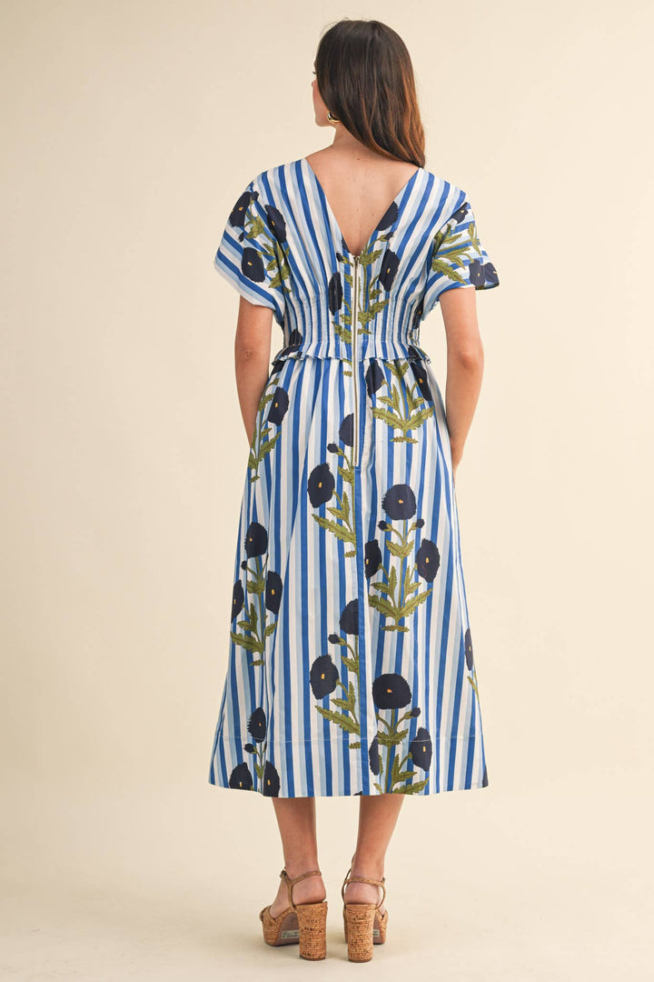 Dresses - STRIPED FLORAL PIN TUCK WAIST MIDI DRESS - - Cultured Cloths Apparel