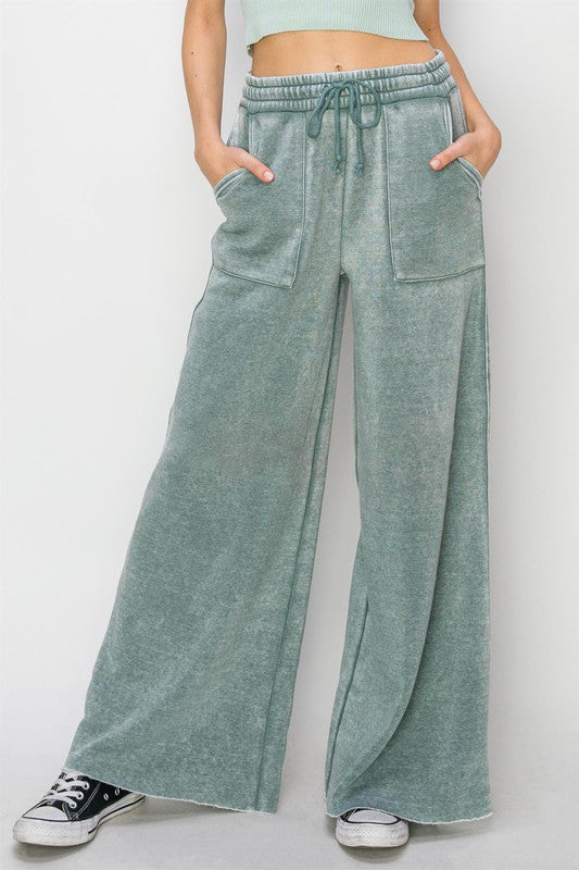 Denim - High Rise Wide Leg Drawstring Pants - GRAY GREEN - Cultured Cloths Apparel