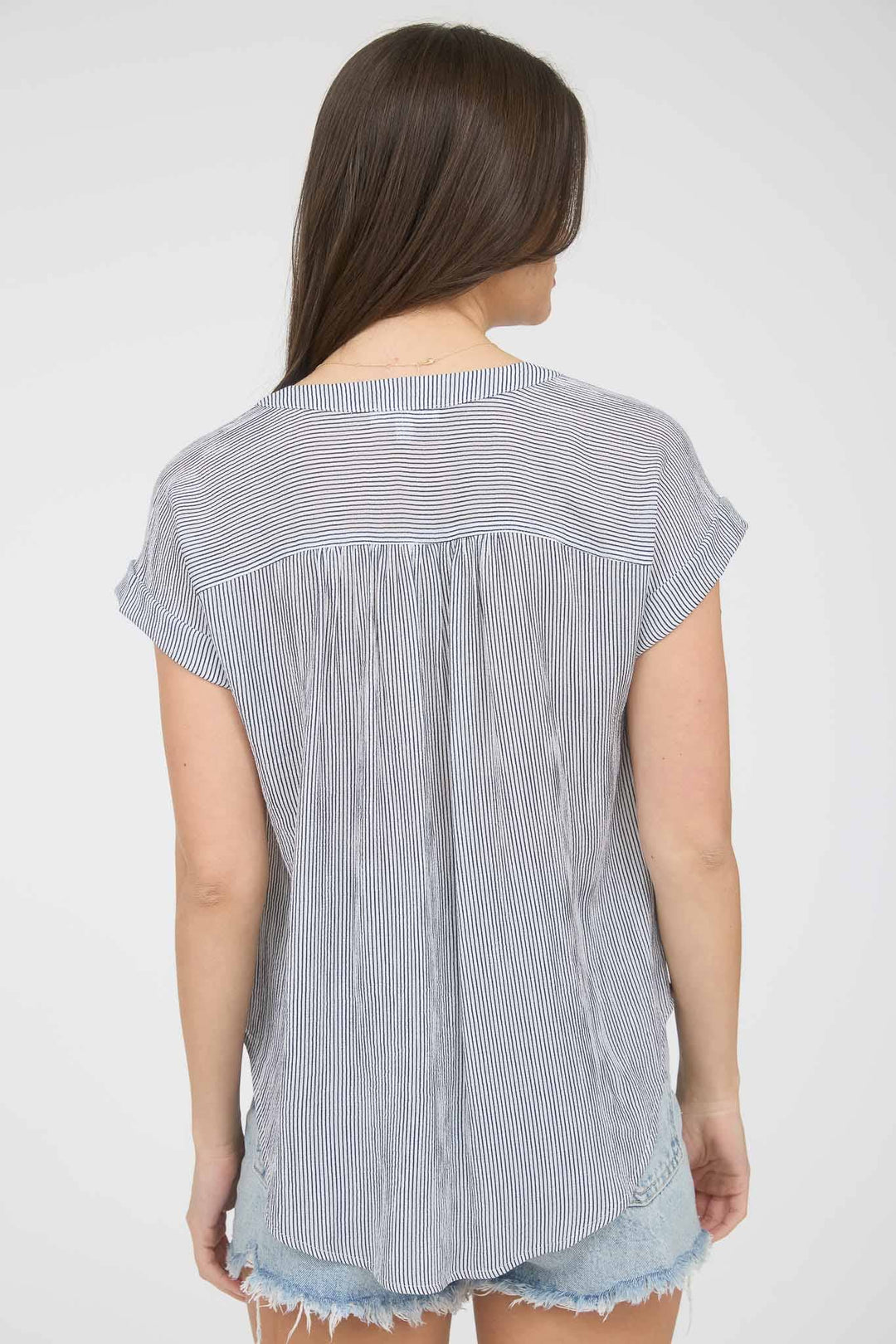 Women's Short Sleeve - PINSTRIPE SHORT CUFF SLEEVE BUTTON DOWN SHIRT - - Cultured Cloths Apparel