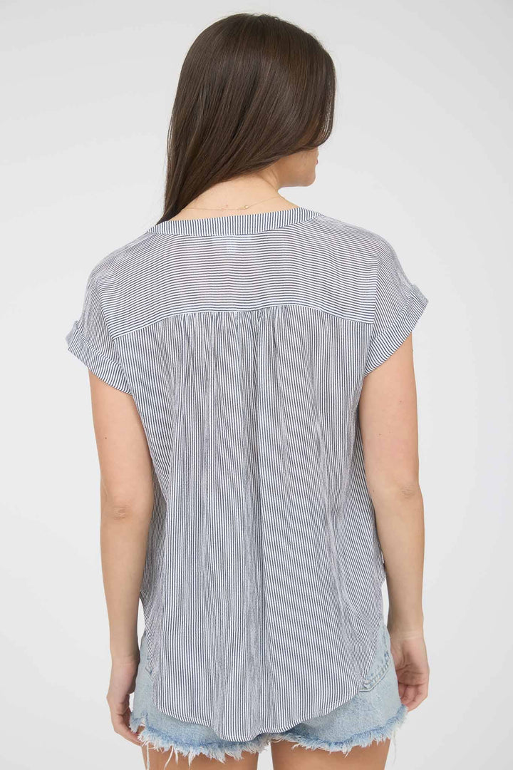 Women's Short Sleeve - PINSTRIPE SHORT CUFF SLEEVE BUTTON DOWN SHIRT - - Cultured Cloths Apparel