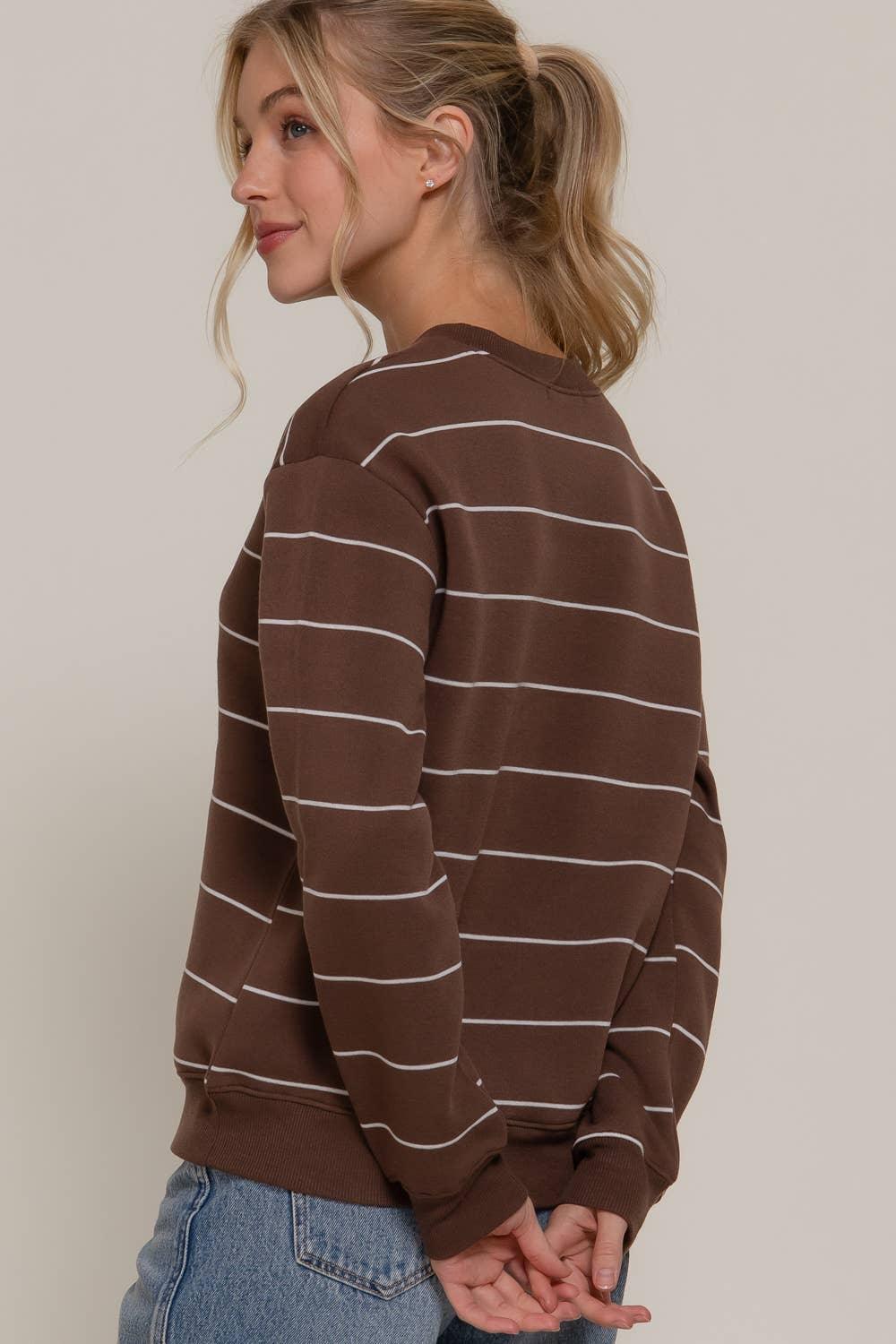 Women's Sweaters - Long Sleeve Engineer Stripe Inner Fleece Sweatshirt - BROWN - Cultured Cloths Apparel