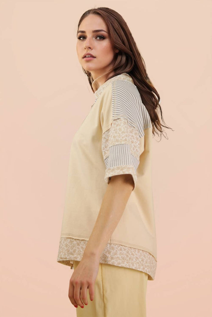 Women's Short Sleeve - Oversized Half Button Down Collared Knit Top - - Cultured Cloths Apparel