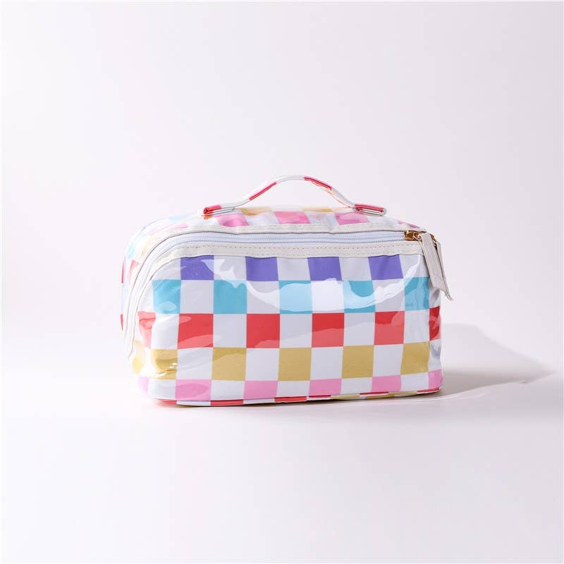 CHECKER STRIPED  OPEN FLAT COSMETIC MAKEUP POUCH