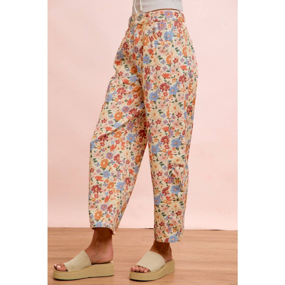 Pants - WASHED FLORAL PRINTED TWILL BARREL PANTS - - Cultured Cloths Apparel