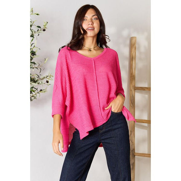 Women's 3/4 Sleeve - Zenana Full Size Round Neck High-Low Slit Knit Top - Fuchsia - Cultured Cloths Apparel