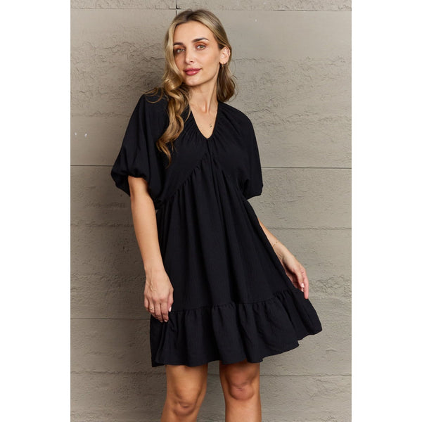 Women's Dresses - Hailey & Co Comfort Cutie Double V-Neck Puff Sleeve Mini Dress - Black - Cultured Cloths Apparel