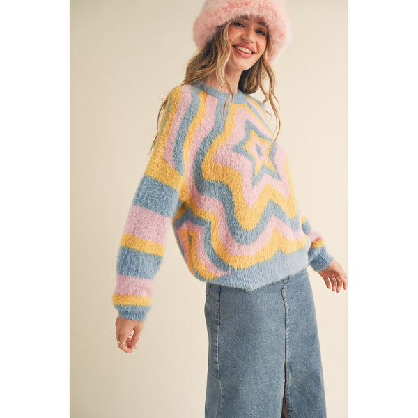 Women's Sweaters - Star Pattern Fuzzy Knit Sweater -  - Cultured Cloths Apparel