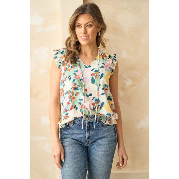 Women's Sleeveless - Ruffle Sleeve Floral Print Top with Front Tie -  - Cultured Cloths Apparel