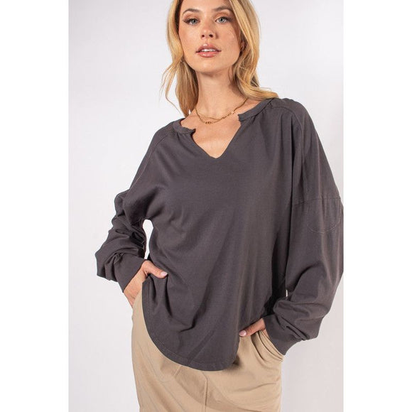 Women's Long Sleeve - Washed Oversized Premium Cotton Notched Tee -  - Cultured Cloths Apparel