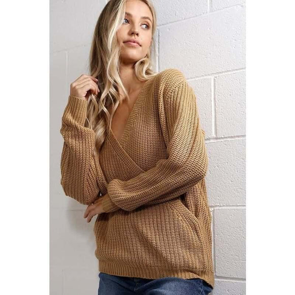 Women's Sweaters - Deep V Neck Overlapped Casual Sweater - Tan - Cultured Cloths Apparel
