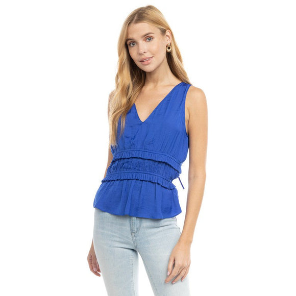 Women's Sleeveless - V-Neck Double Tiered Waist Sleeveless Top - Capri Blue - Cultured Cloths Apparel