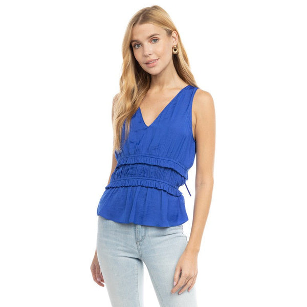 Women's Sleeveless - V-Neck Double Tiered Waist Sleeveless Top - Capri Blue - Cultured Cloths Apparel