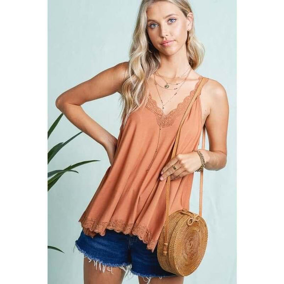 Women's Sleeveless - Fresh Washed Tidal Dye Lace Trim Halter Top - Ginger - Cultured Cloths Apparel