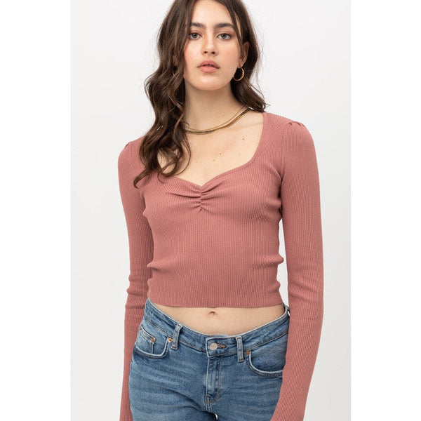 Women's Long Sleeve - Mercerized  Rib Crop Sweater Top - Mauve - Cultured Cloths Apparel
