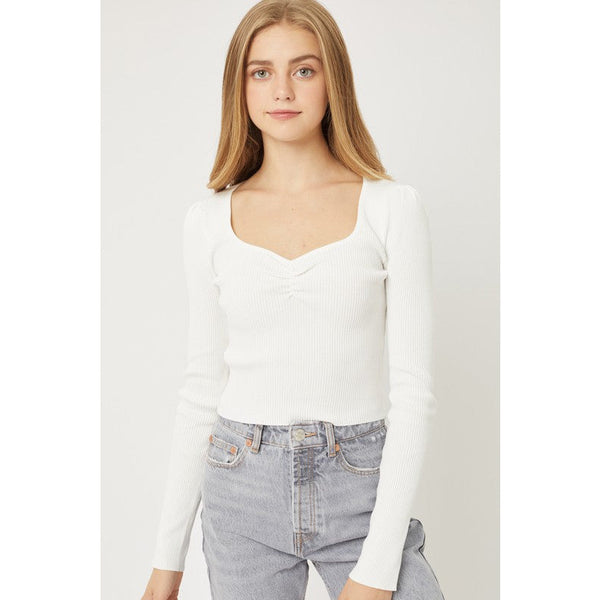 Women's Long Sleeve - Mercerized  Rib Crop Sweater Top - White - Cultured Cloths Apparel