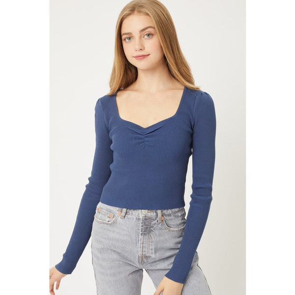 Women's Long Sleeve - Mercerized  Rib Crop Sweater Top - French Navy - Cultured Cloths Apparel