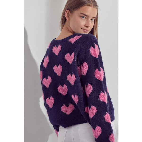 Women's Sweaters - Fuzzy Heart Sweater Top - Navy - Cultured Cloths Apparel