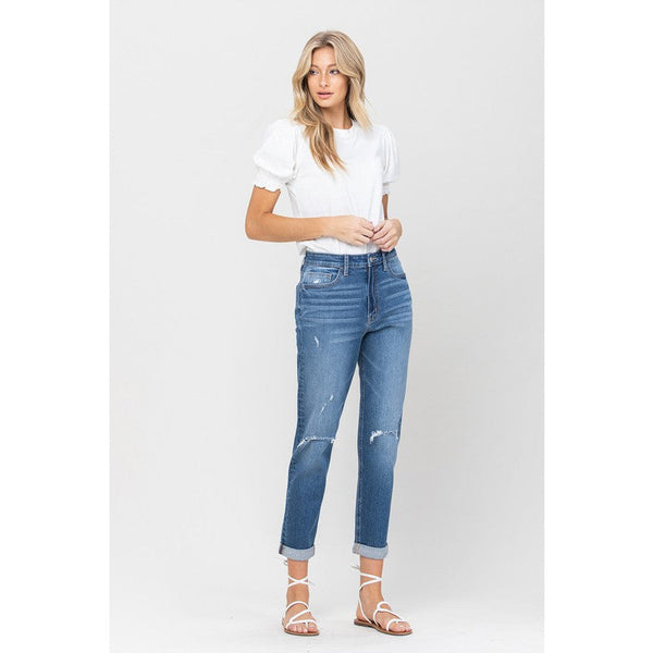 Denim - Vervet By Flying Monkey Distressed Double Cuff Mom Jeans -  - Cultured Cloths Apparel