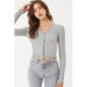 Women's Long Sleeve - Lettuce Trim Button Front Top - Heather Grey - Cultured Cloths Apparel