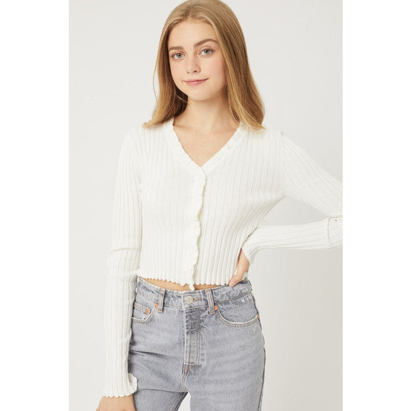 Women's Long Sleeve - Lettuce Trim Button Front Top - Off White - Cultured Cloths Apparel