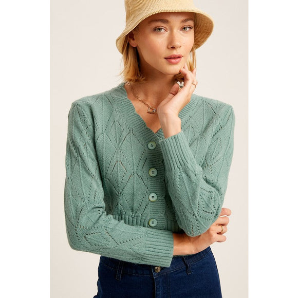 Women's Sweaters - V neck Scallop Edge Button Down Ctop Knit Cardigan -  - Cultured Cloths Apparel