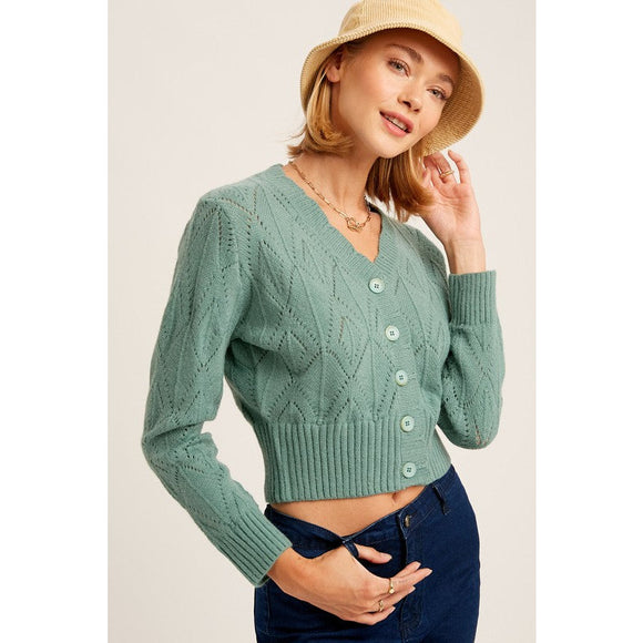 Women's Sweaters - V neck Scallop Edge Button Down Ctop Knit Cardigan - Jade - Cultured Cloths Apparel