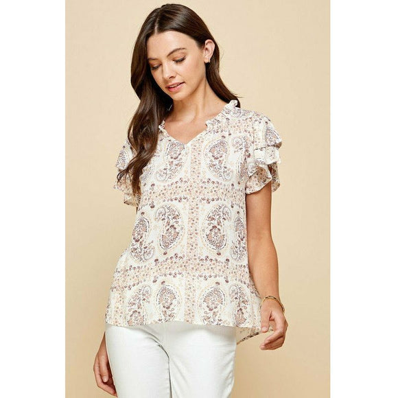 Women's Short Sleeve - Paisley Printed Top - Taupe - Cultured Cloths Apparel