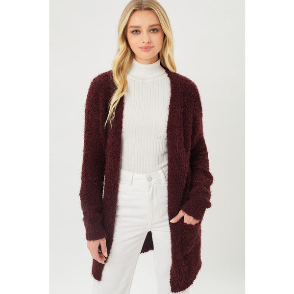 Outerwear - Popcorn Eyelash Open Front Long Line Cardigan - Cherry Stone - Cultured Cloths Apparel