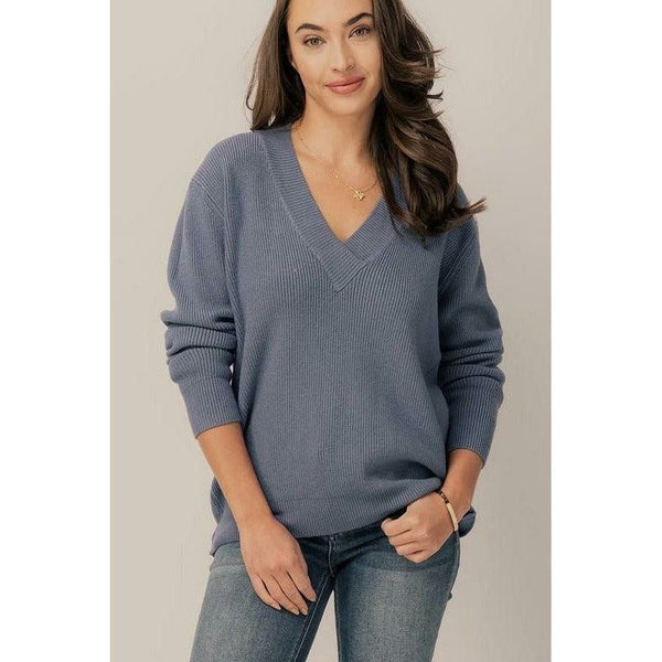 Women's Sweaters - Chunky V-Neck Casual Sweater - Steel Blue - Cultured Cloths Apparel