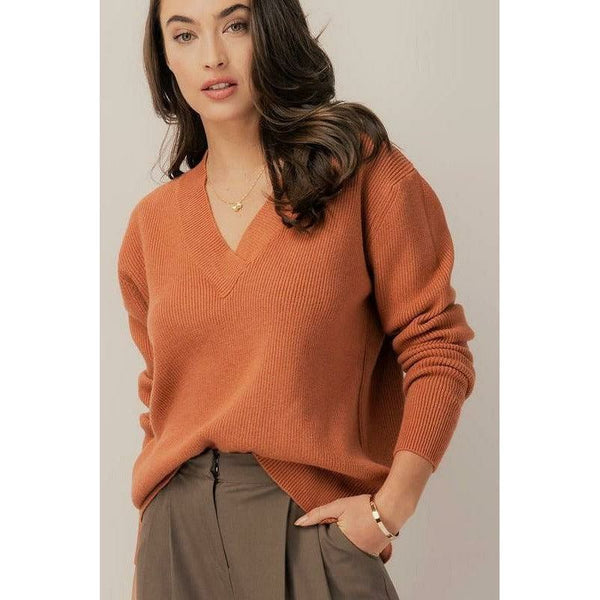 Women's Sweaters - Chunky V-Neck Casual Sweater - Cider - Cultured Cloths Apparel
