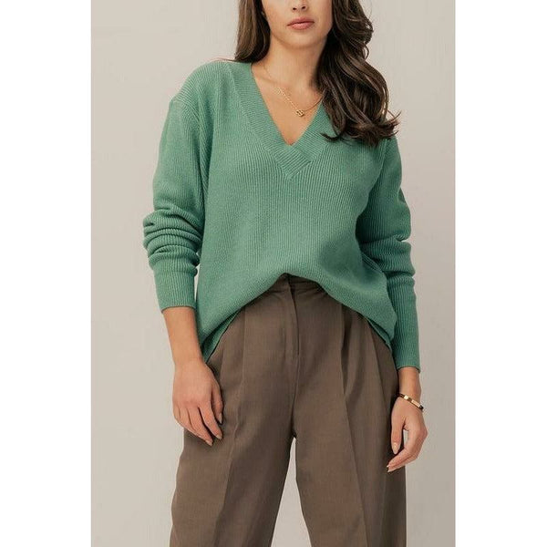Women's Sweaters - Chunky V-Neck Casual Sweater - Chive - Cultured Cloths Apparel