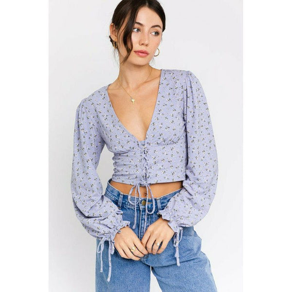 Women's Long Sleeve - Puff Sleeve Lace Up V Neck Top - LT BLUE-WHITE DITSY - Cultured Cloths Apparel