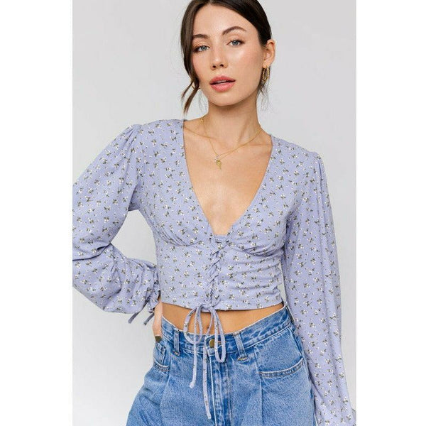 Women's Long Sleeve - Puff Sleeve Lace Up V Neck Top -  - Cultured Cloths Apparel