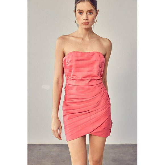 Women's Dresses - Pleated Wrap Tube Strapless Dress - CANDY PINK - Cultured Cloths Apparel