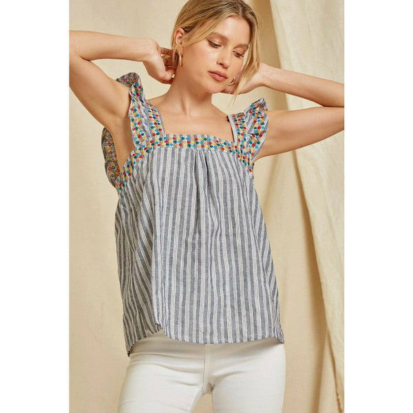 Women's Sleeveless - Simple Yet Fun Striped Embroidered Top -  - Cultured Cloths Apparel
