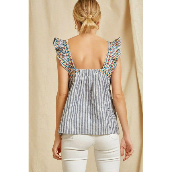 Women's Sleeveless - Simple Yet Fun Striped Embroidered Top -  - Cultured Cloths Apparel