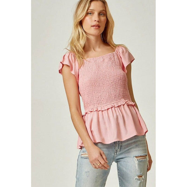 Women's Short Sleeve - Heather Smocked Top with Flared Sleeves - Blush - Cultured Cloths Apparel
