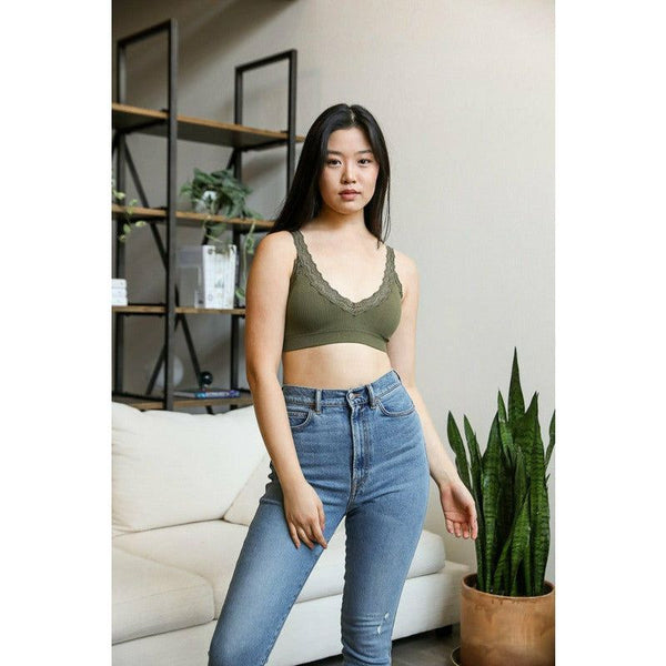 Undergarments - Lace Trim Padded Bralette - Olive - Cultured Cloths Apparel